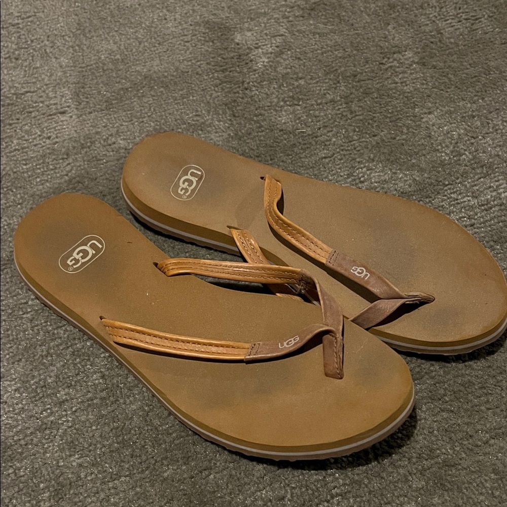 UGG Tan Leather Flip Flops